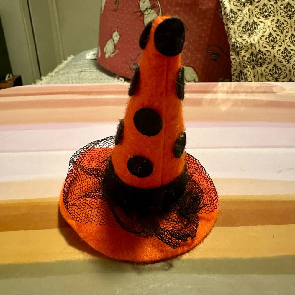 NEW Handcrafted Orange Witch Hat with Black Polka Dots Hair Clip